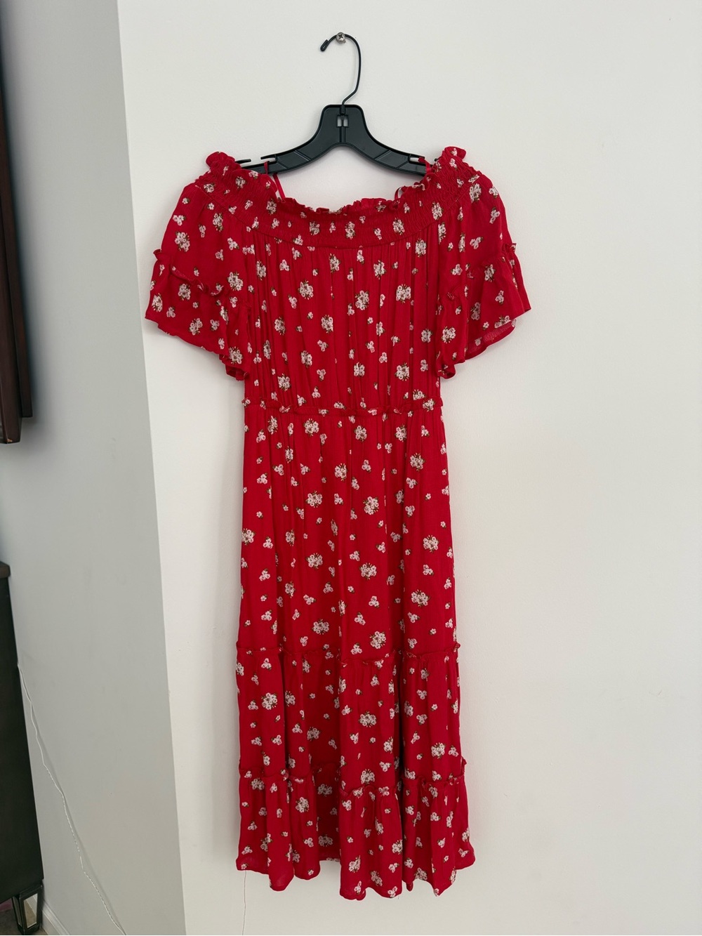 One Clothing Red Floral Off-Shoulder Midi Dress with Ruffled Neckline